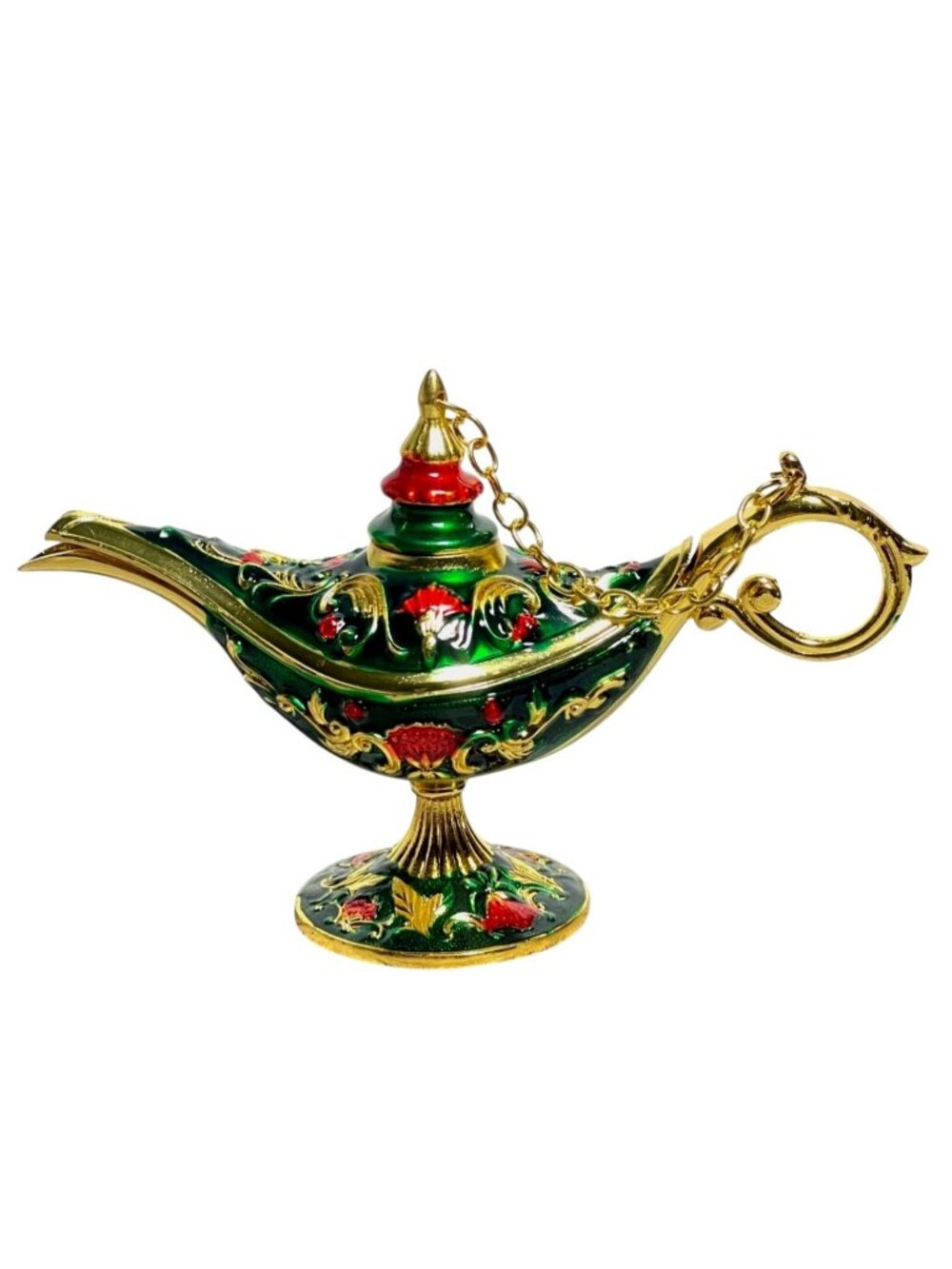 Aladdin Lamp Trinket Box Jewel Tones Enameled over Gold-Tone 5-1/8" x 1-3/4"